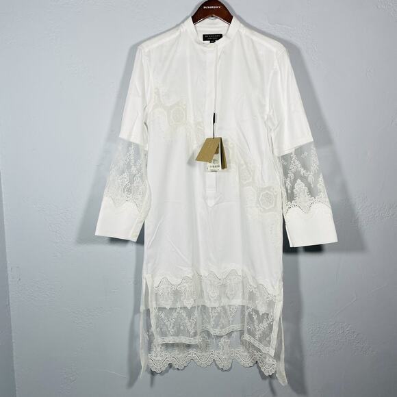 Burberry White Lace Button Up Shift Knee Length Dress 4 Band Collar NWT $1195 - Picture 2 of 12